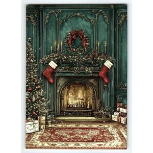 Vintage Christmas Lithograph Postcard Cozy Fireplace & Stockings